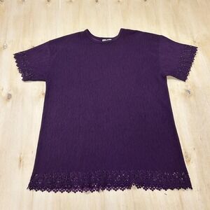 Vintage Superline Blouse Womens XL Purple Crochet Hem Crew Neck Short Tunic Top